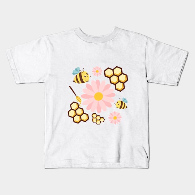 Spring Bee Honey Comb Pattern Design Kids T-Shirt by Arch4Design